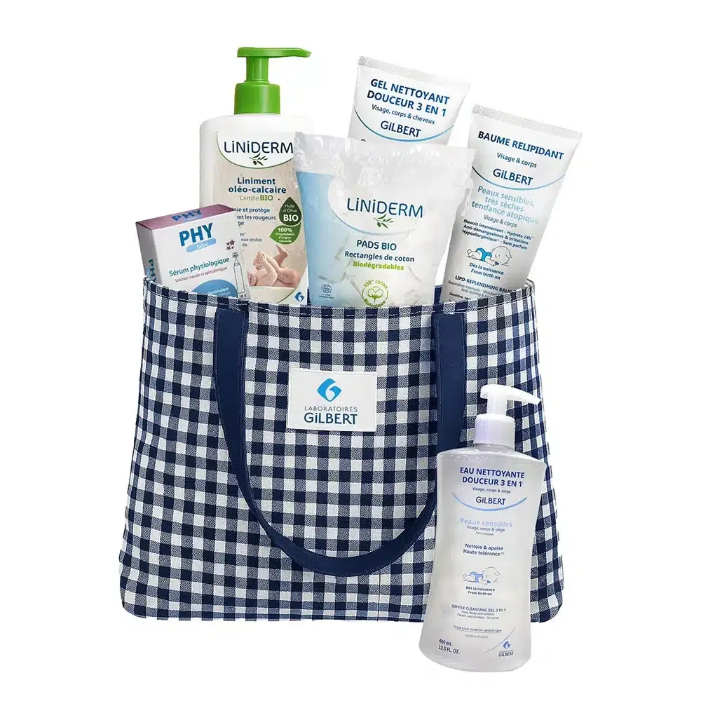 Offre l'essentiel du nouveau né Liniderm liniment 480ml+carres de soin+eau nettoyante 3 en 1 de 200ml + baume relipidant de 200ml + gel nettoyant 3 en 1 de 200ml = Un sac offert