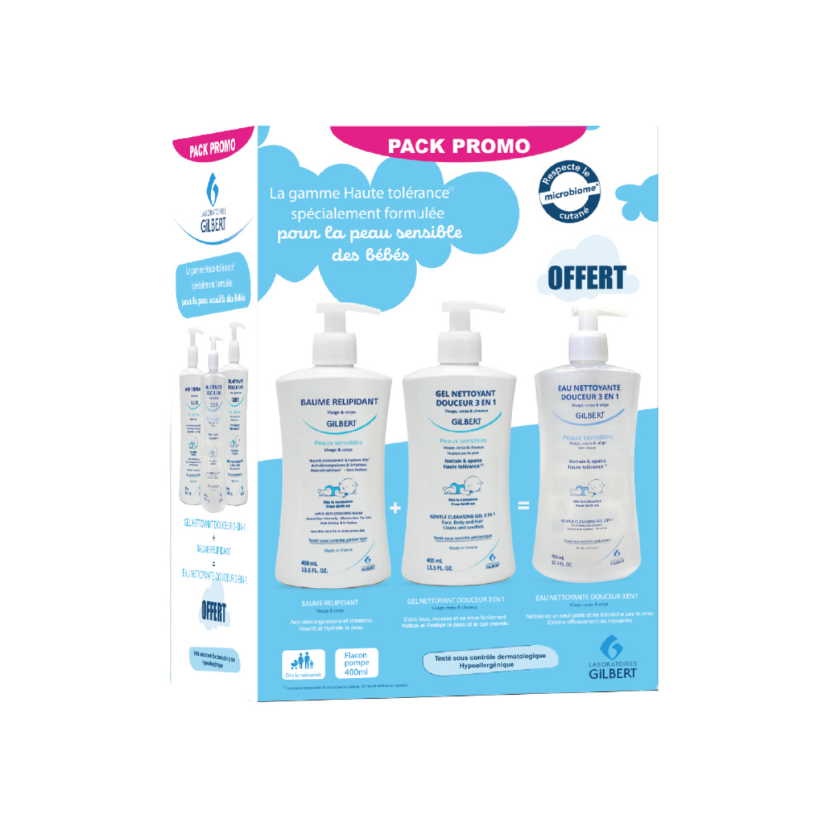 Gel nettoyant douceur 3 en 1 de 400ml + baume relipidant de 400 ml = eau nettoyante de 400ml offerte