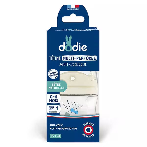 Dodie biberon multi perforé 150 ml bleu 0+ mois débit 1