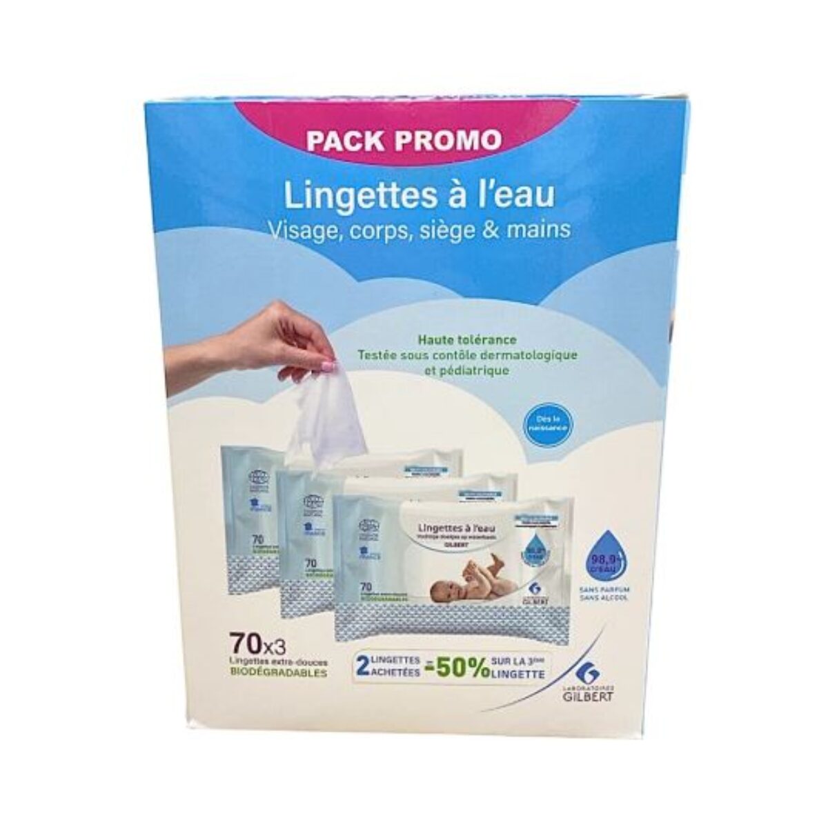 Pack promo lingettes à l'eau Gilbert : 2 lingettes achetées = -50% sur la 3ème lingette