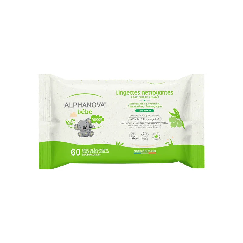 Alphanova Lingettes Bébé Nettoyantes Sans Parfum Olive 60 unités