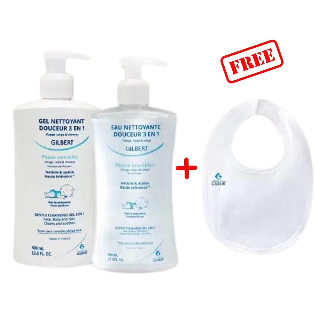 Gel nettoyant de 400ml + eau nettoyante de 400ml =Un bavoir offert