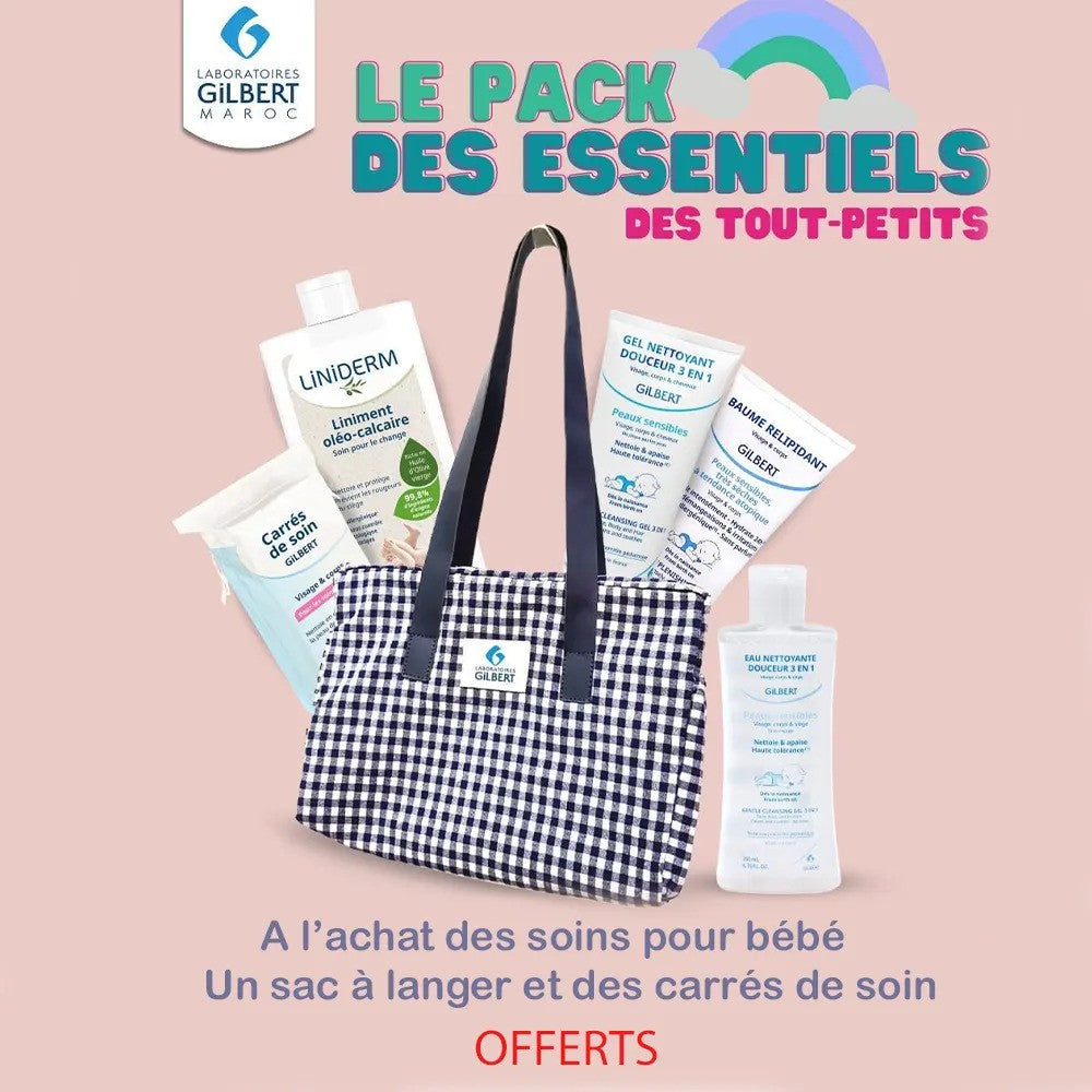 Offre l'essentiel du nouveau né Liniderm liniment 480ml+carres de soin+eau nettoyante 3 en 1 de 200ml + baume relipidant de 200ml + gel nettoyant 3 en 1 de 200ml = Un sac offert