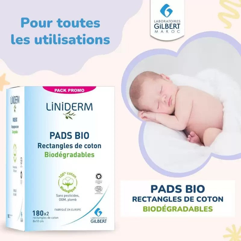 Pack Promo Liniderm PADS BIO Gilbert (180 rectangles de cottons *2 )