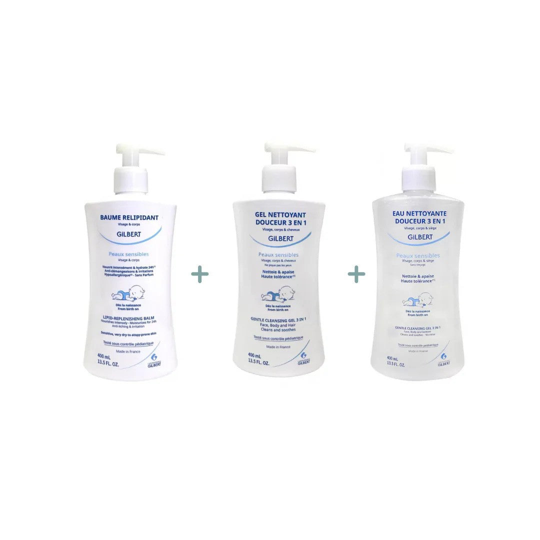 Gel nettoyant douceur 3 en 1 de 400ml + baume relipidant de 400 ml = eau nettoyante de 400ml offerte