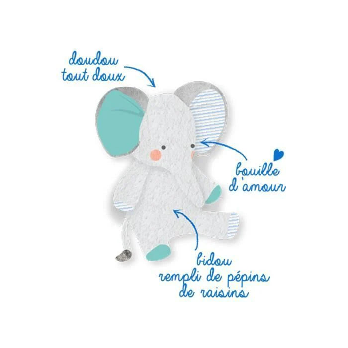 Dodie bouillotte bébé aux pépins de raisin éléphant +6 mois