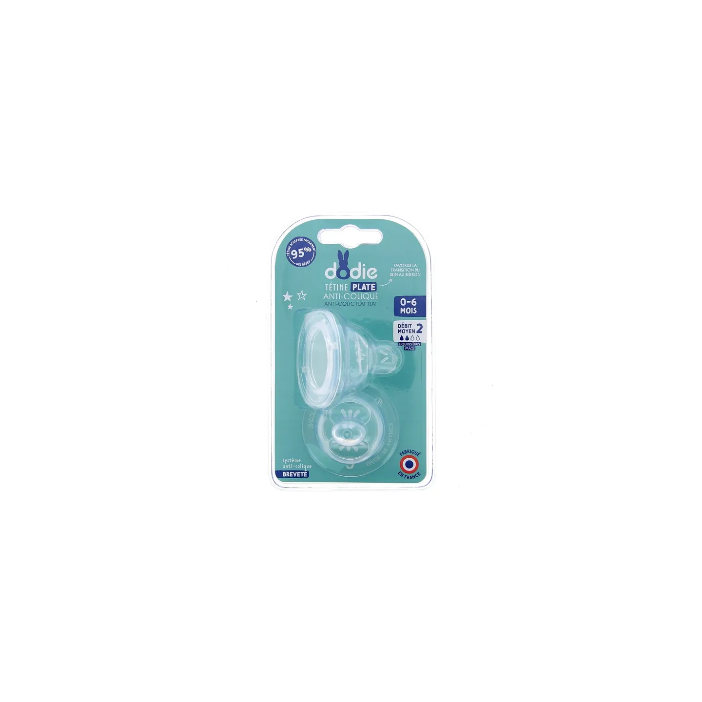 Dodie tétines plate sensation+ débit 2 0-6 mois x2