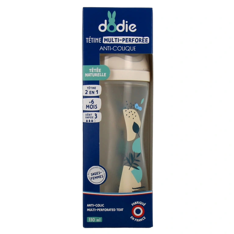 Dodie biberon multi perforé 330 ml bleu +6 mois débit 3