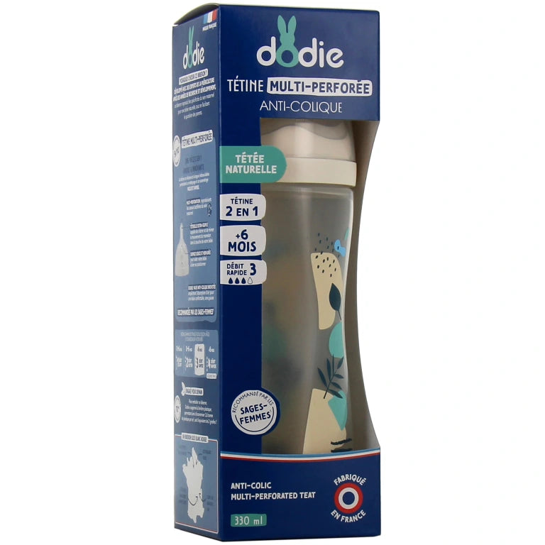 Dodie biberon multi perforé 330 ml bleu +6 mois débit 3